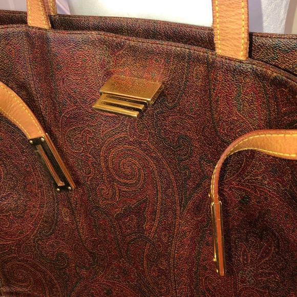 W ETRO Red Paisley Coated Canvas Vachetta Leather Laptop Briefcase Shoulder Bag - Picture 6 of 15